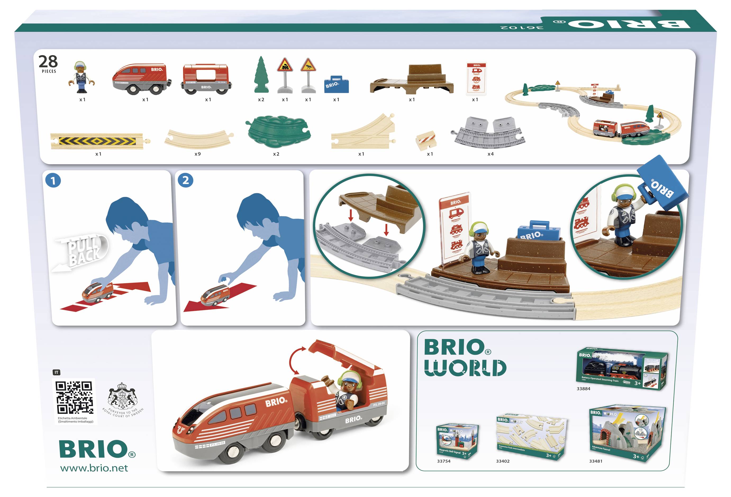 BRIO World Speelgoed toont een montagehandleiding voor een brandweer-themaset met rails, voertuigen en figuren.