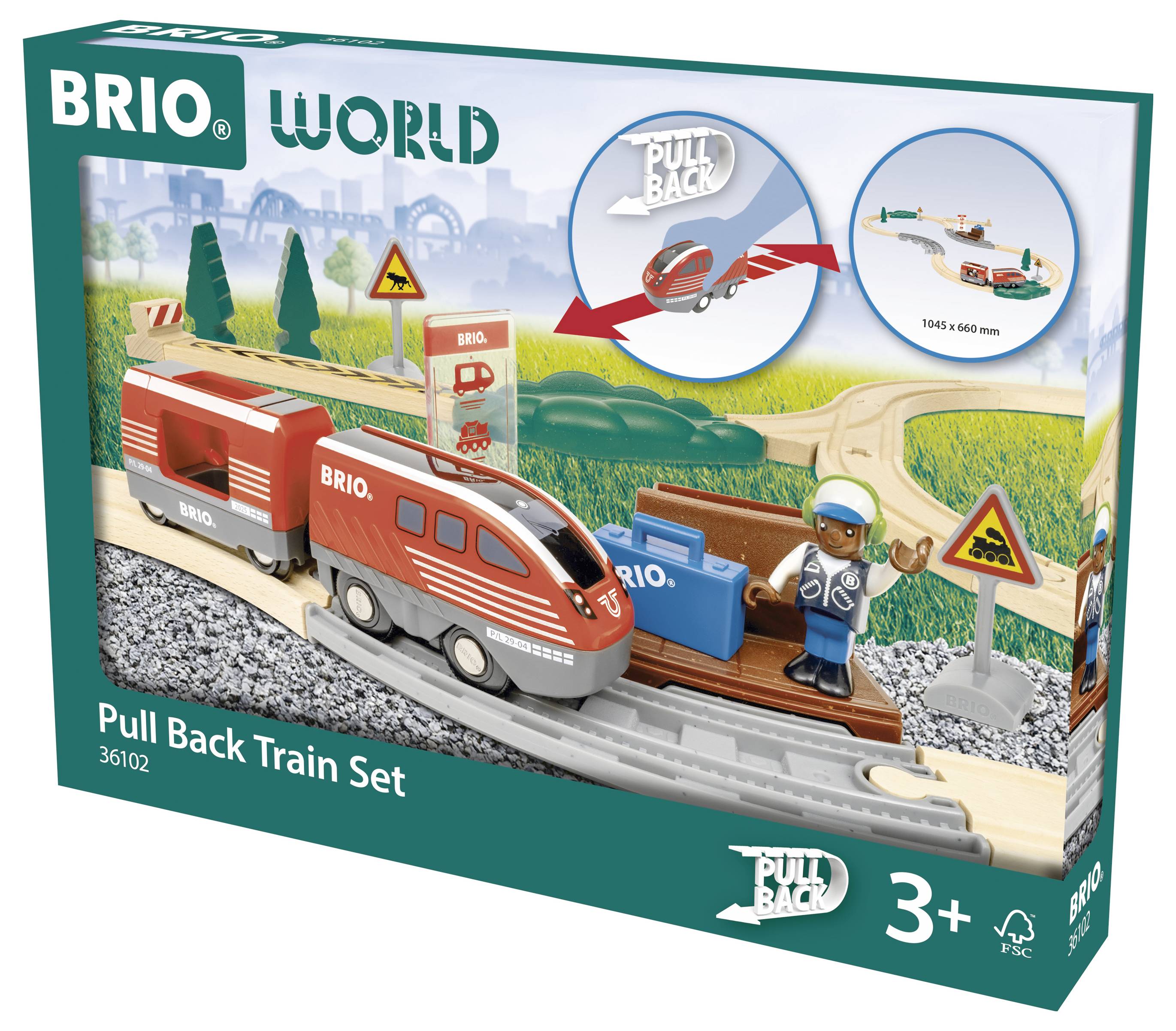 Speelgoedset 'BRIO Terugtreksporenset' voor kinderen vanaf 3 jaar. Bevat trein, rails en speelfiguur. Verpakking toont opbouwvoorstel.
