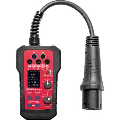 Een elektrische tester met een rood behuizing en een zwart kabel. Hij heeft verschillende aansluitingen en indicatielampjes voor testdoeleinden.
