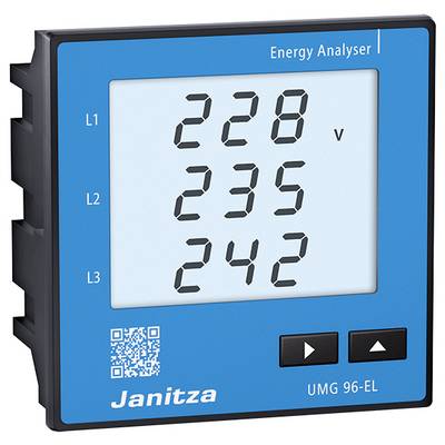 Energie-analyzer met display toont spanningen: L1 228 V, L2 235 V, L3 242 V. Twee functietoetsen zichtbaar rechtsonder.