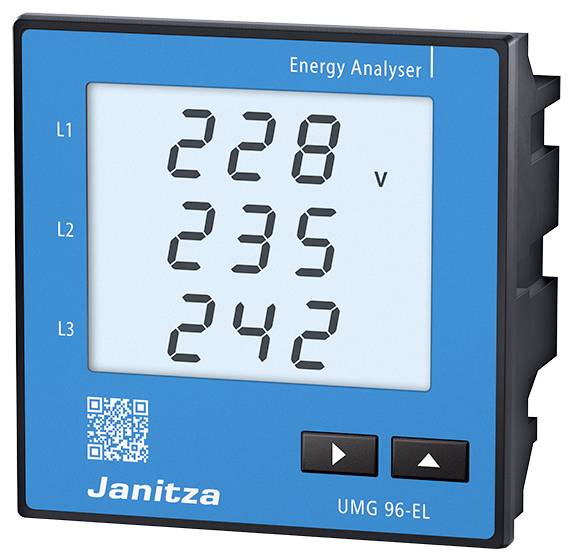 Een blauwe energiekostenanalyse-meter van Janitza toont spanningen: L1 228 V, L2 235 V, L3 242 V op het digitale display.