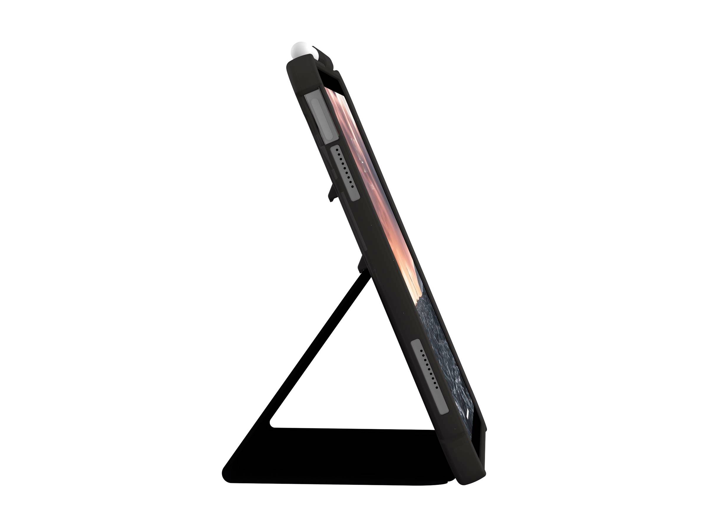 Tablet in zwarte hoes, rechtop geplaatst in profiel. Scherm toont kleurrijke afbeeldingen. De hoes heeft een penhouder bovenaan.