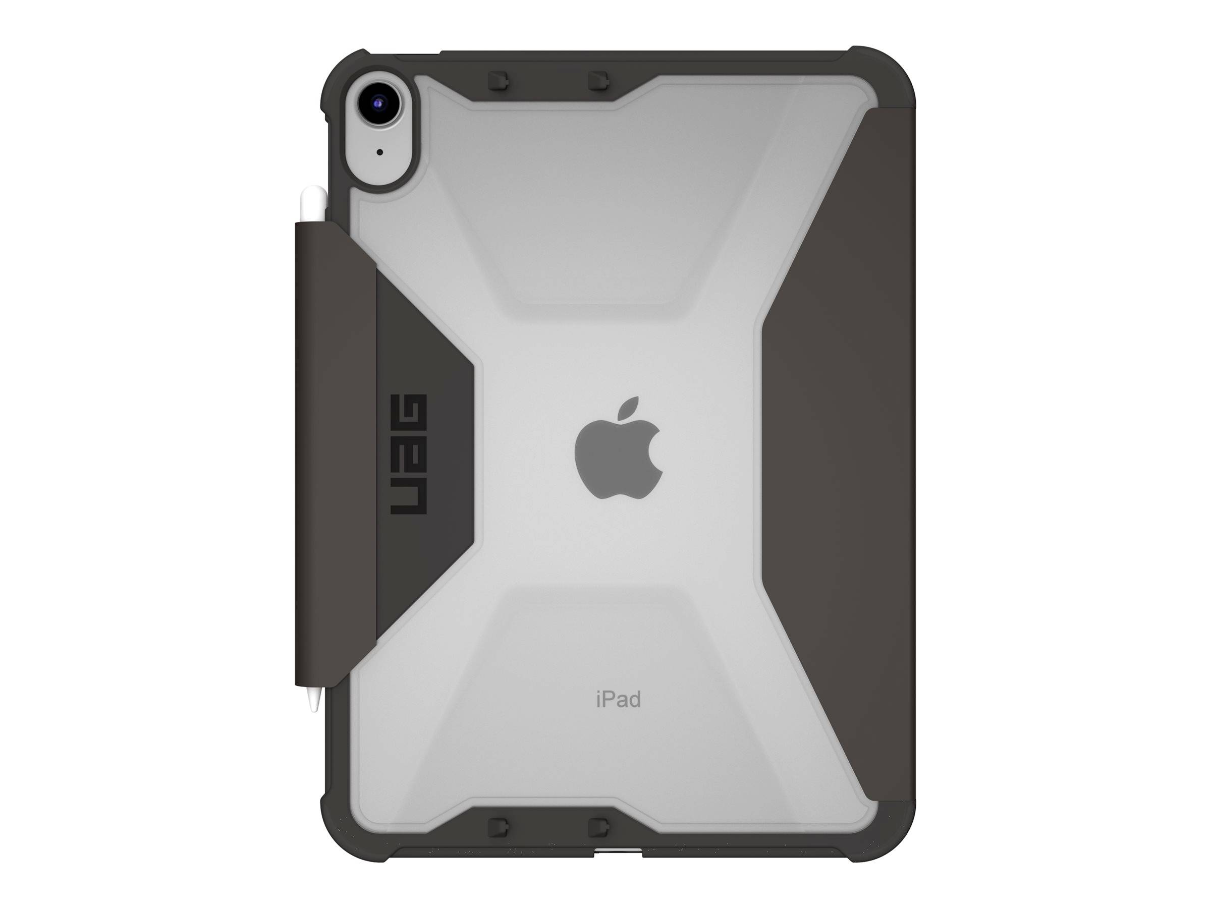 Beschermhoes voor iPad met robuust ontwerp, merklogo zichtbaar op de achterkant, geïntegreerde penhouder aan de zijkant.