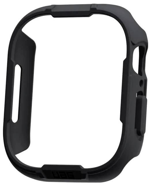 Zwarte horlogekast van robuust materiaal ter bescherming van het horloge, met precieze uitsparingen voor knoppen en functies.