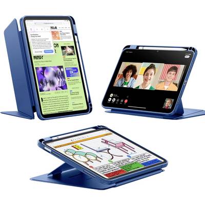 Drie tablets in blauwe hoesjes, waarvan de ene een nieuwswebsite weergeeft, de tweede een videogesprek en de derde een tekensoftware.
