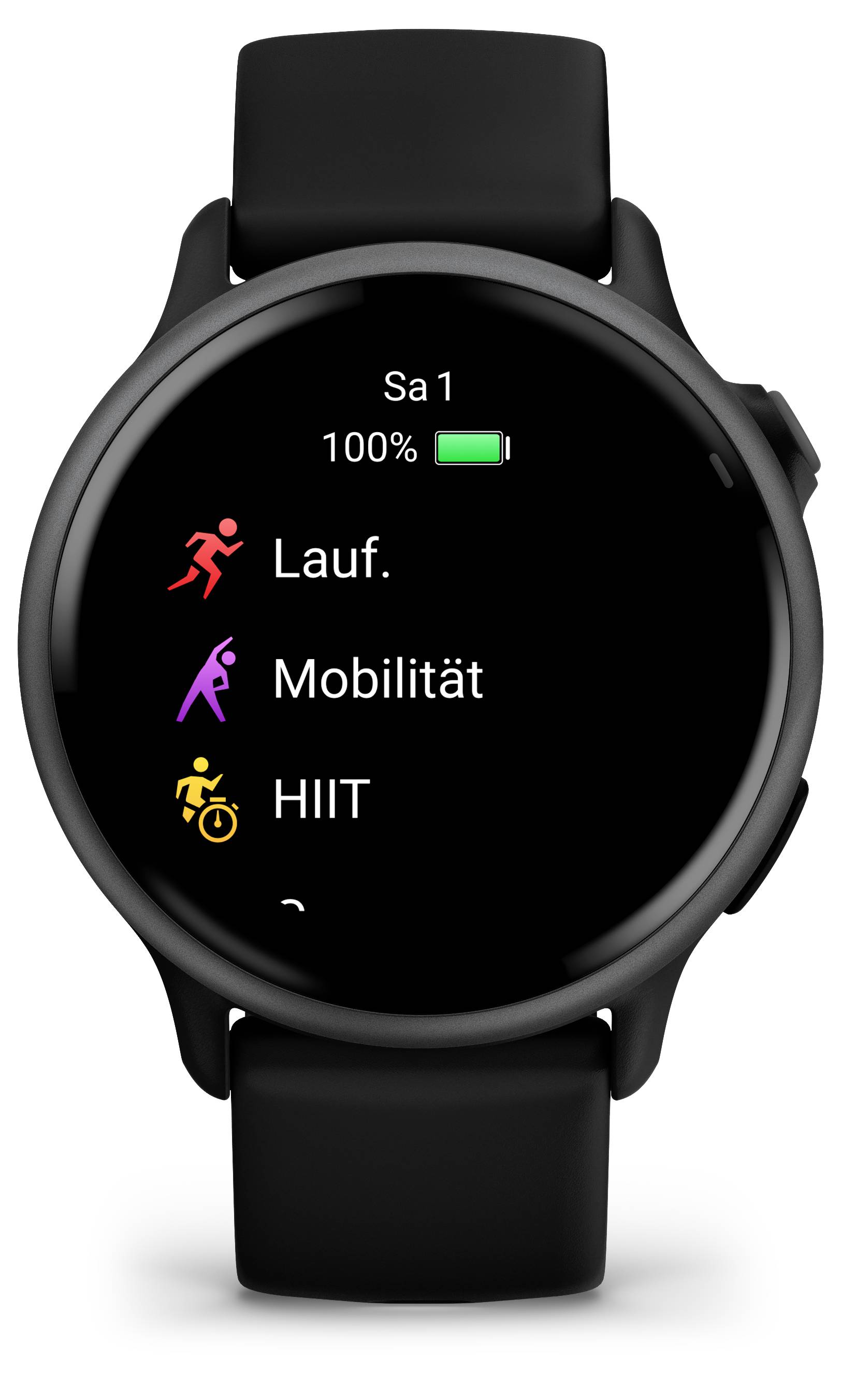 Een zwarte smartwatch toont trainingsopties: 'Hardloop.', 'Mobiliteit', en 'HIIT' op het scherm. Bovenaan: Datum en batterij.