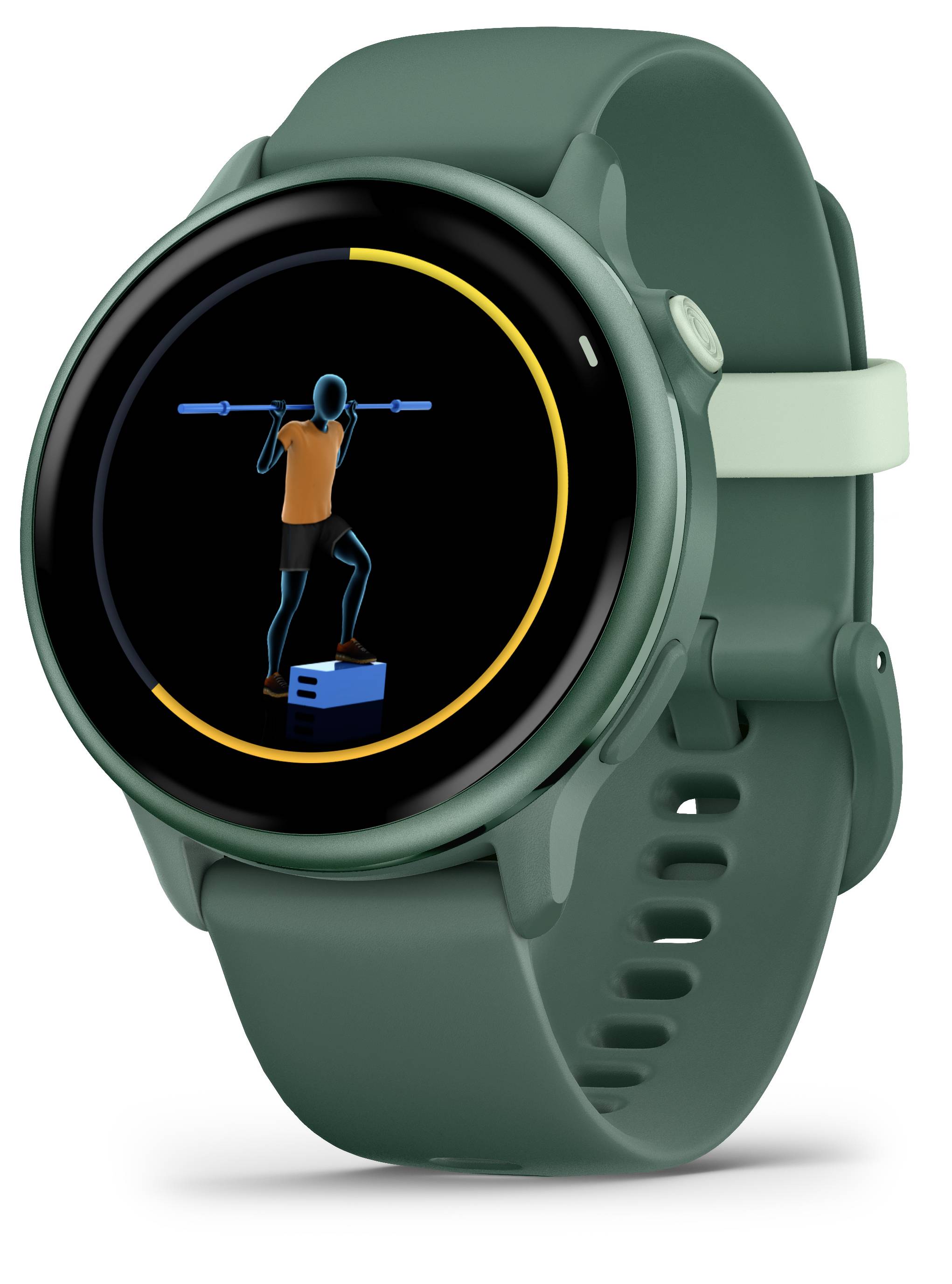 Een smartwatch met een groen bandje toont een animatie: Een persoon tilt een halter op terwijl hij zit, weergegeven op het scherm van de wijzerplaat.