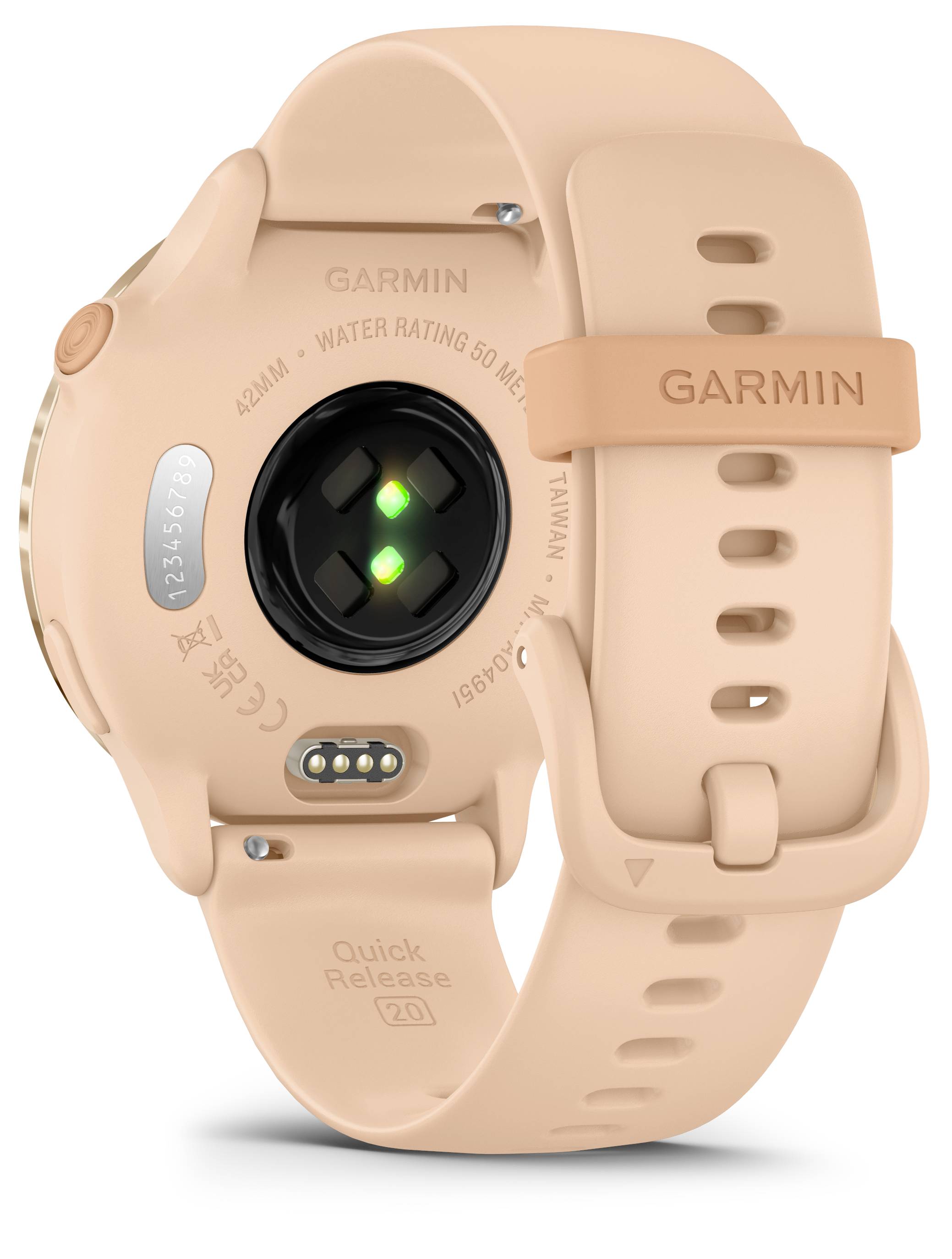 Een slimme smartwatch in perzikkleur, toont de achterkant met sensoren en merklogo. Ontworpen voor fitness- en gezondheidstracking.