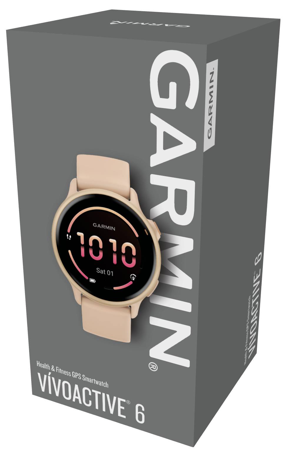 De afbeelding toont de verpakking van een Garmin Vivoactive 6 smartwatch. De horloge heeft een roze polsband en een digitaal wijzerblad.
