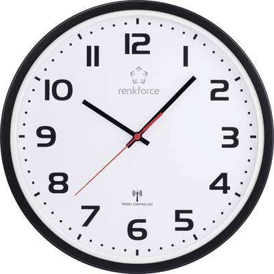 Een ronde wandklok met een wit gezicht, zwarte cijfers en zwarte uur- en minutenwijzers. De rode secondenwijzer wijst naar de 6.