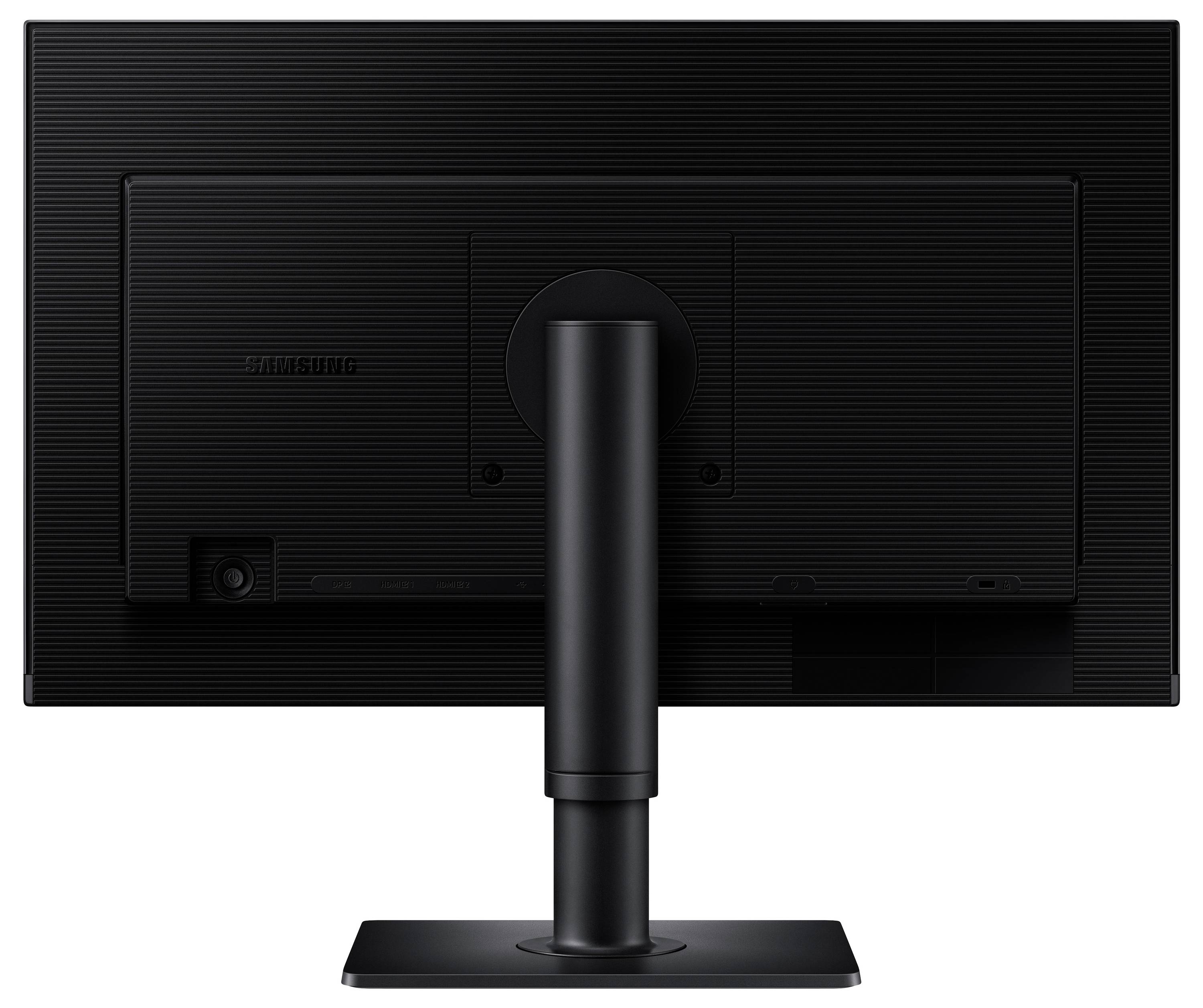 Een zwarte computermonitor gezien van achteren, met een rechthoekige voet en een verticale steunpaal.