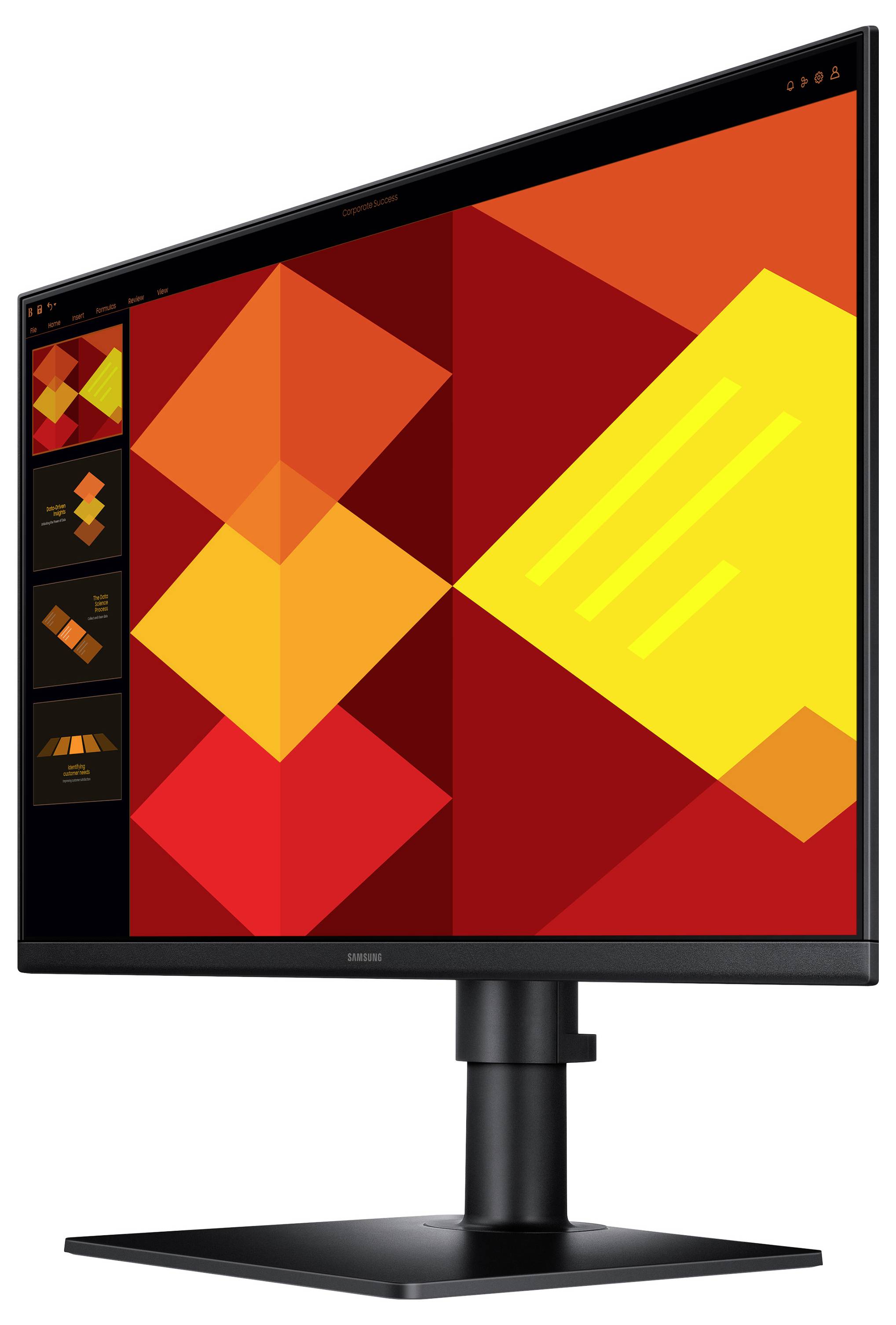'Een computermonitor die een kleurrijk geometrisch patroon weergeeft met rode, oranje en gele vormen op een zwarte standaard.'