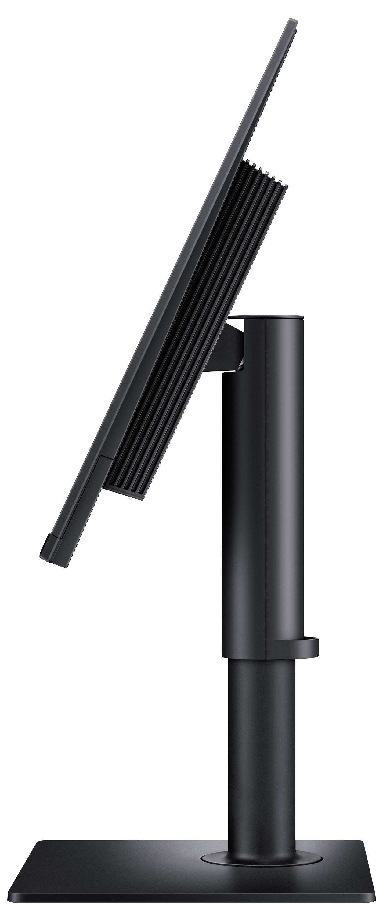 'Gekantelde zwarte monitor op verstelbare standaard, zijaanzicht. Minimalistisch ontwerp toont slanke profilering en strak frame met zichtbaar kantelingsmechanisme.'