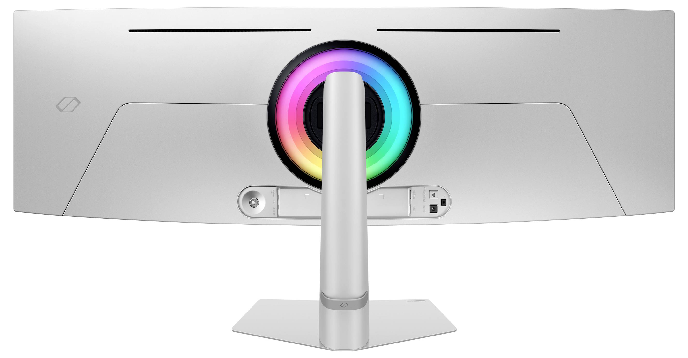 Een zilveren, gebogen computermonitor van achteren, met een rond, kleurrijk LED-licht in het midden van de standaard.