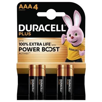 'Duracell Plus AAA-batterijen, 4-pack. Tot 100% extra levensduur met Power Boost Actives. Met het Duracell Bunny-mascotte.'