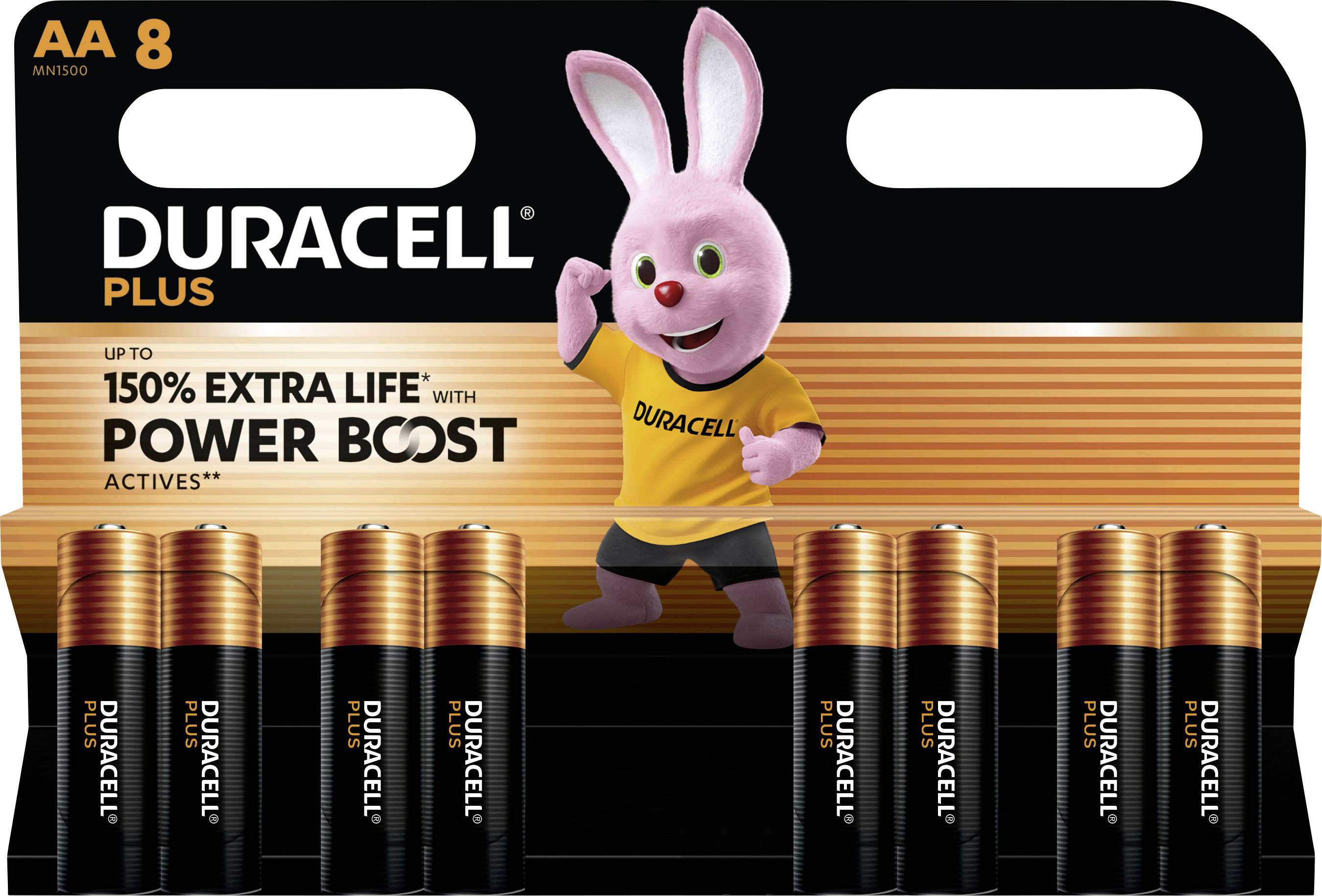 Verpakking met acht Duracell AA-batterijen. Opdruk: 'Duracell Plus'. Met roze haas-mascotte en tekst over langere levensduur.