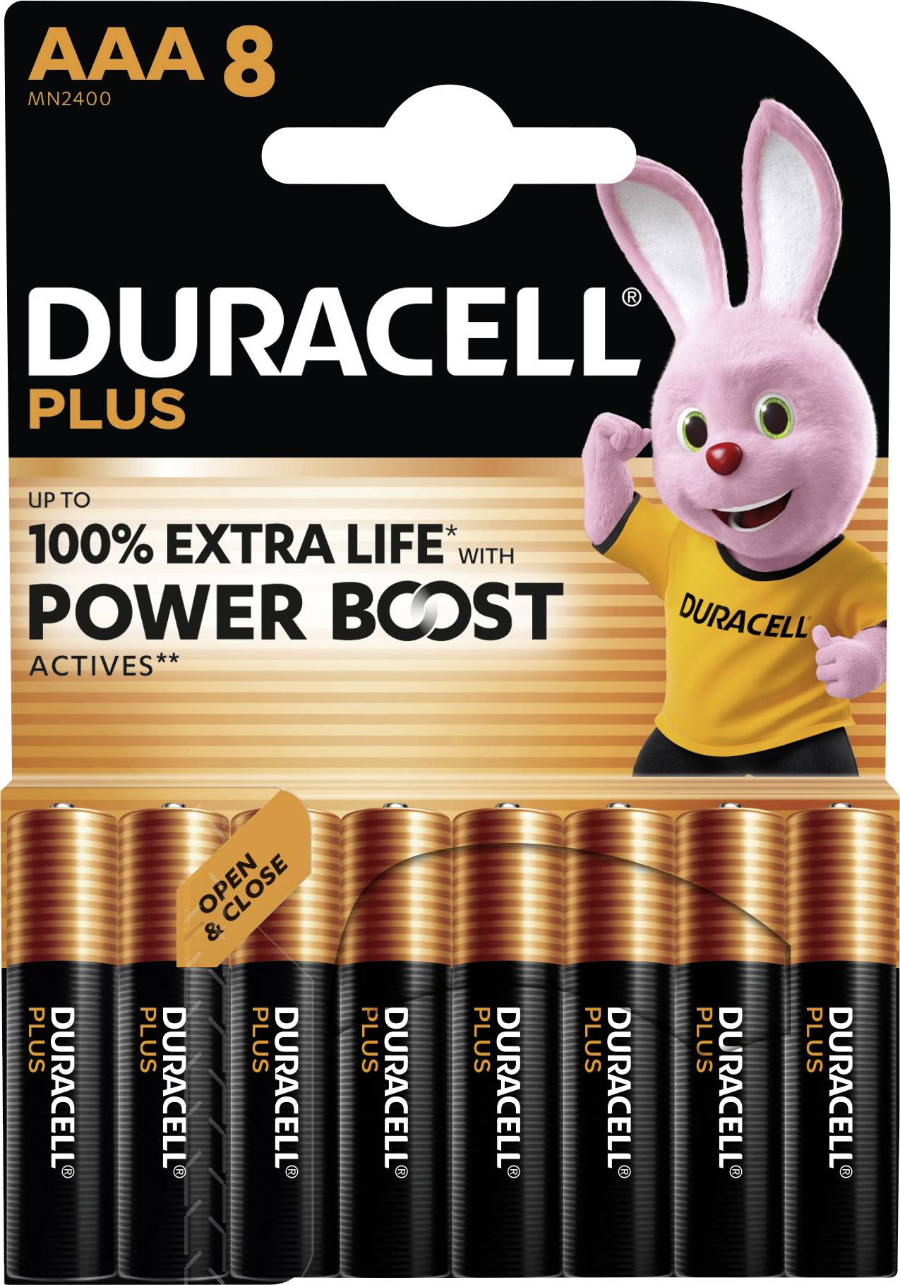 Duracell Plus AAA-batterijen, verpakking van 8 stuks, met roze hazen-mascotte en de slogan: 'Tot 100% langere levensduur met Power Boost'.