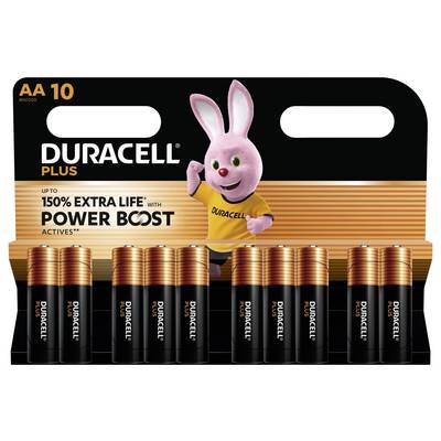 Duracell Plus AA batterijen, pak van 10 stuks, belooft tot 150% extra levensduur met Power Boost technologie. Bevat roze konijnmascottes.