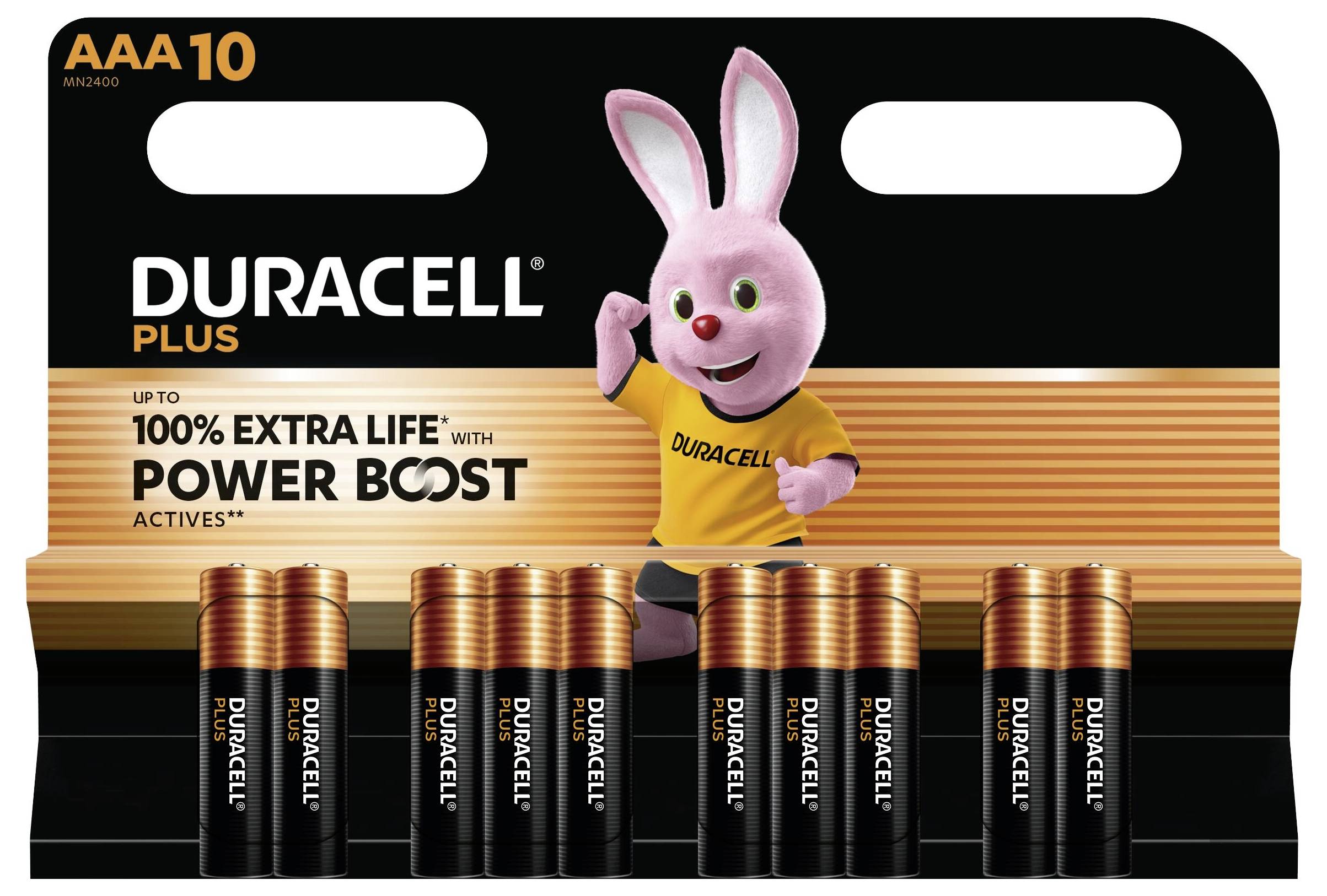 Duracell batterijenset met koperen toppen met roze konijnmascotte. Tekst: 'Duracell Plus, tot 100% extra levensduur met Power Boost.'