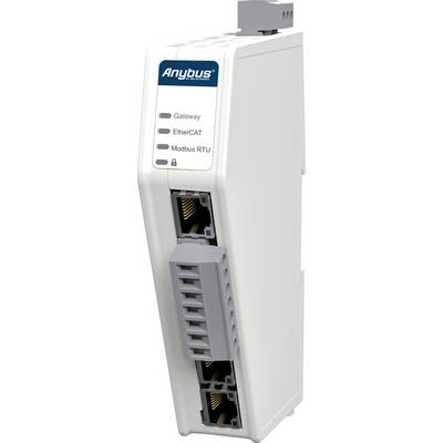 Een wit Anybus-gateway-module met logo's en aansluitingen voor Gateway, EtherCAT en Modbus RTU.