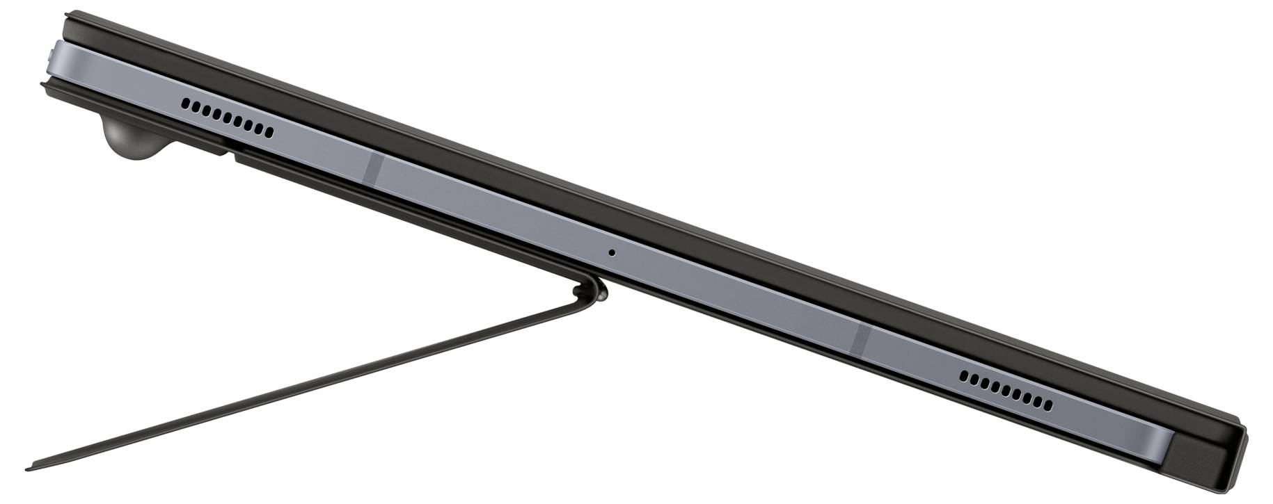 Zijaanzicht van een gesloten laptop op een standaard, waarbij het dunne ontwerp en de ventilatiesleuven worden getoond.