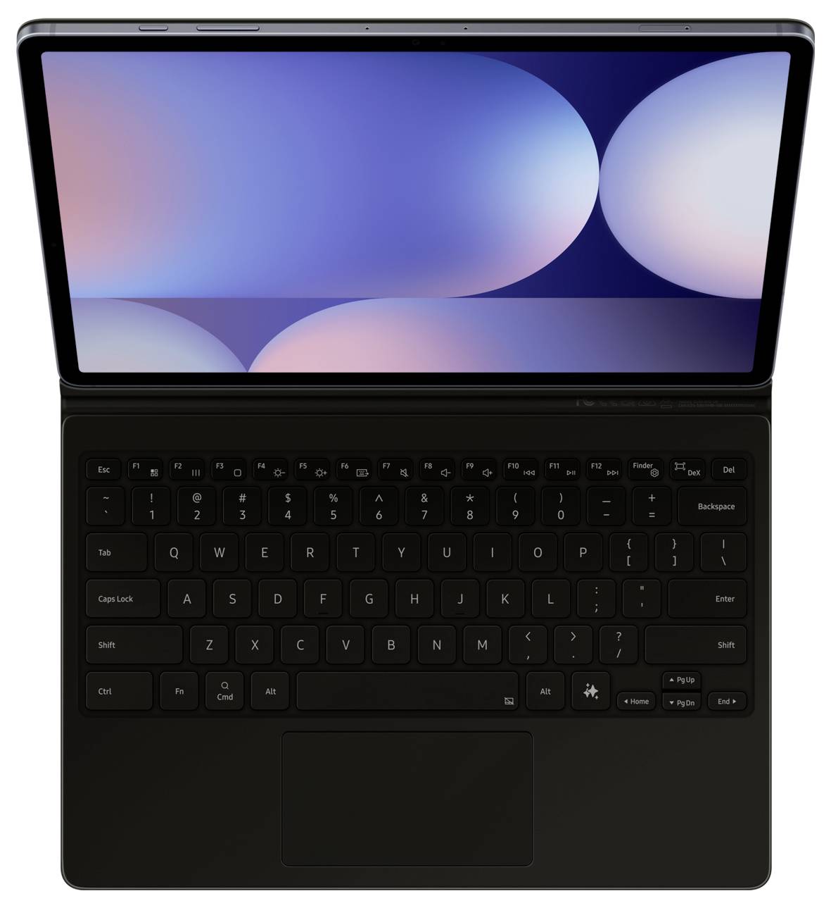 Een strak, modern tablet met een bijbehorend toetsenbord, waarop een kleurrijk abstract behang op het scherm wordt weergegeven.