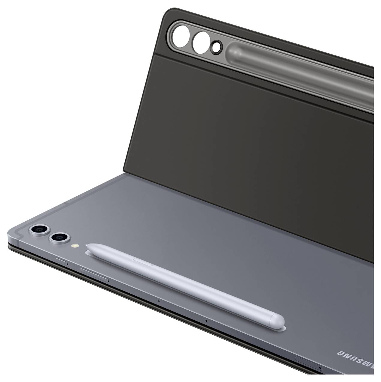 Een strakke tablet met een stylus die magnetisch aan de achterkant is bevestigd.