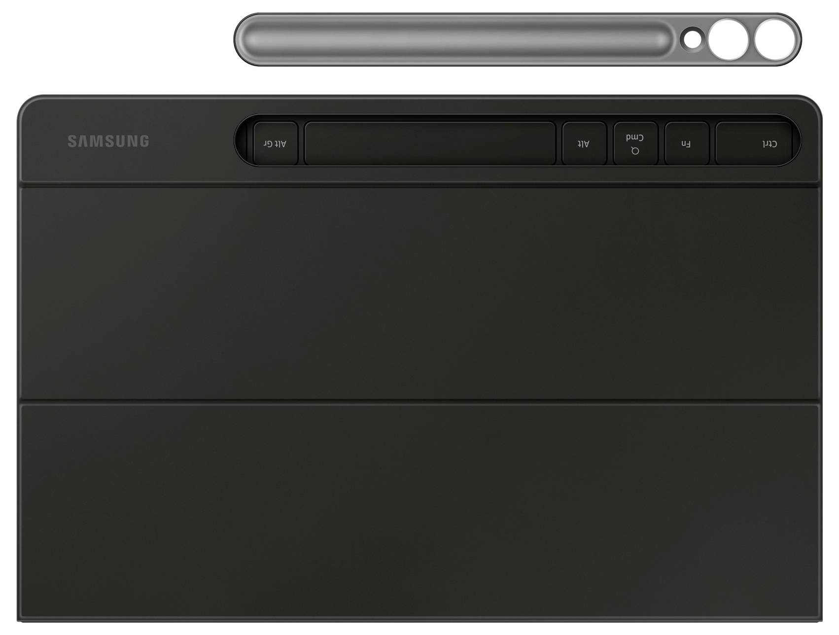 Een zwarte Samsung tv-afstandsbediening met volume-, kanaal- en aan/uit-knoppen, naast een slanke metalen staaf met knopuitsparingen.