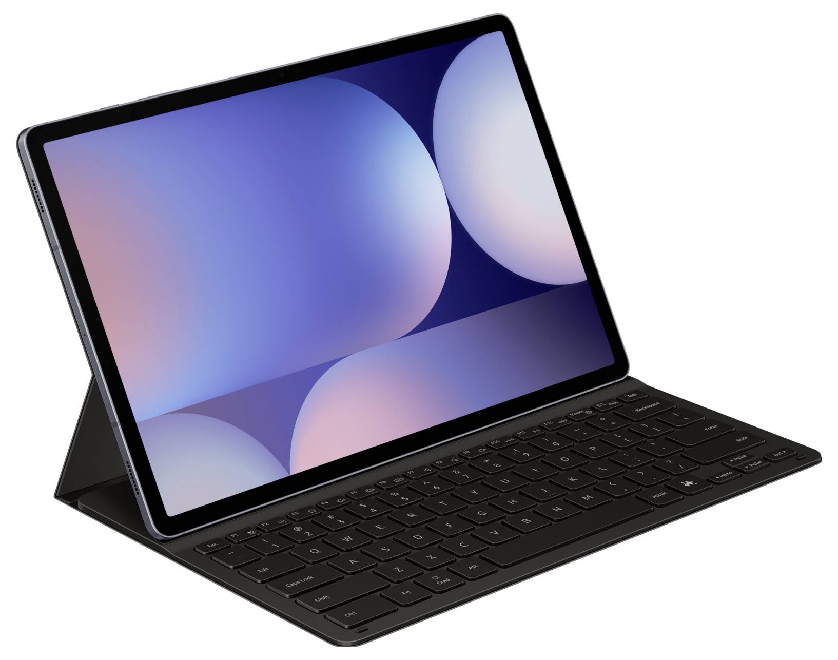 Een tablet met een toetsenbordhoesje, waarop een abstracte achtergrond wordt weergegeven met zachte blauwe en roze cirkels, schuin geplaatst op een wit oppervlak.