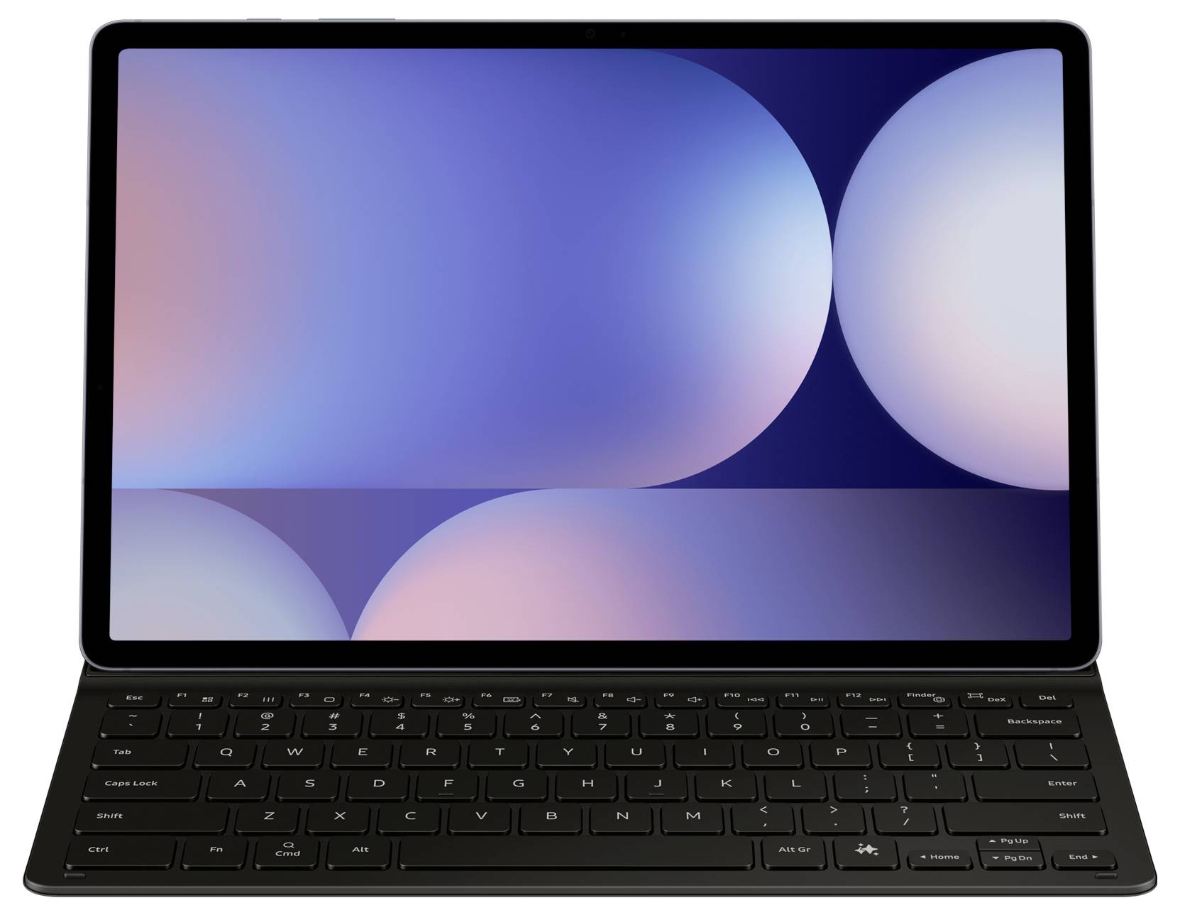 Een tablet met een toetsenbord eraan vast, met een scherm waarop abstracte, overlappende cirkelvormige vormen te zien zijn in een verloop van blauwe en roze kleuren.