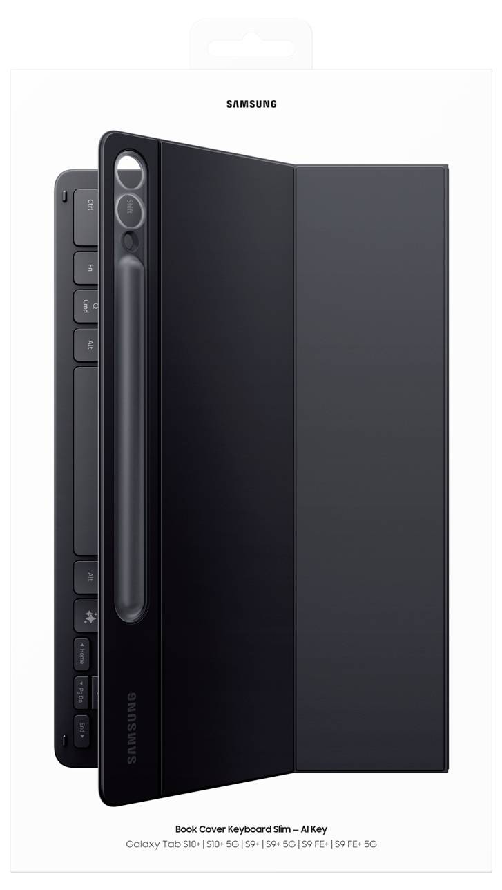 Samsung Book Cover Keyboard Slim voor Galaxy Tab S9-serie, geopend getoond met stylus-houder, waarbij het slanke zwarte design wordt geaccentueerd.