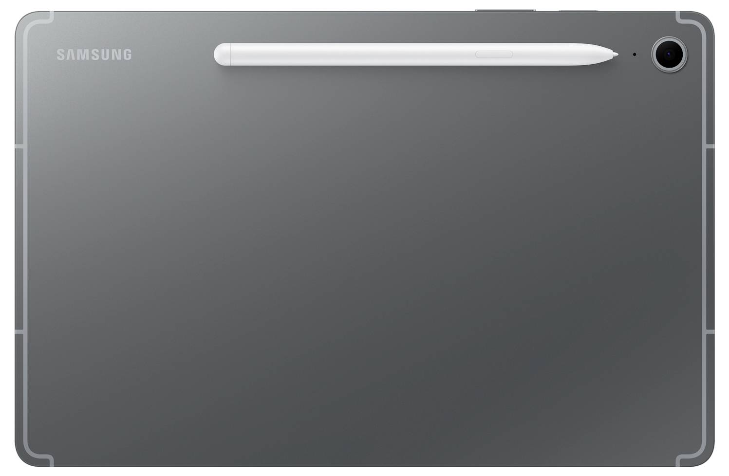 Een grijze tablet met 'Samsung' logo en een witte stylus die horizontaal over de achterkant is geplaatst.