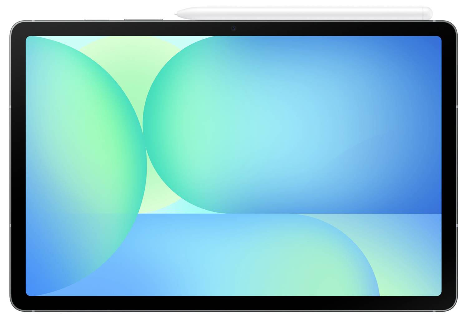 Een tabletdisplay toont een abstract ontwerp met overlappende blauwe en groene cirkels, wat een levendige en moderne interface suggereert. Een stylus rust bovenop.