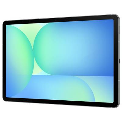 Een tablet met een strak, modern design heeft een heldere, abstracte achtergrond in tinten van blauw en groen, die zijn levendige display benadrukt.