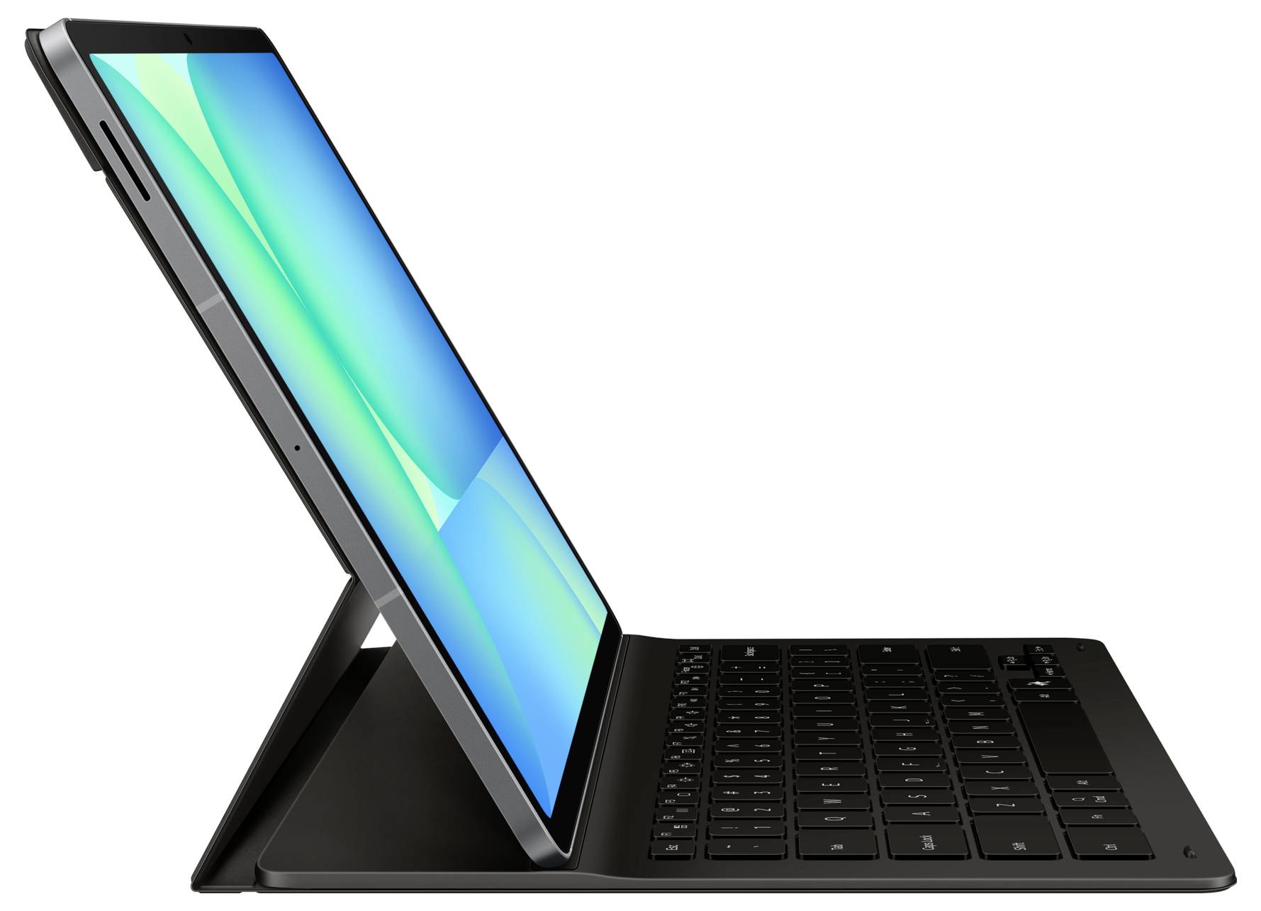 Een zijaanzicht van een tablet met een afneembaar toetsenbord en standaard, met een levendig scherm.