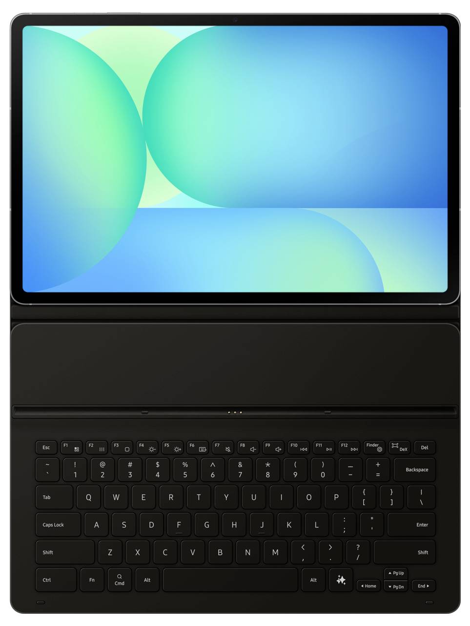 Een tablet met een kleurrijk abstract behang is bevestigd aan een zwart toetsenbord, wat lijkt op een compacte laptopopstelling.