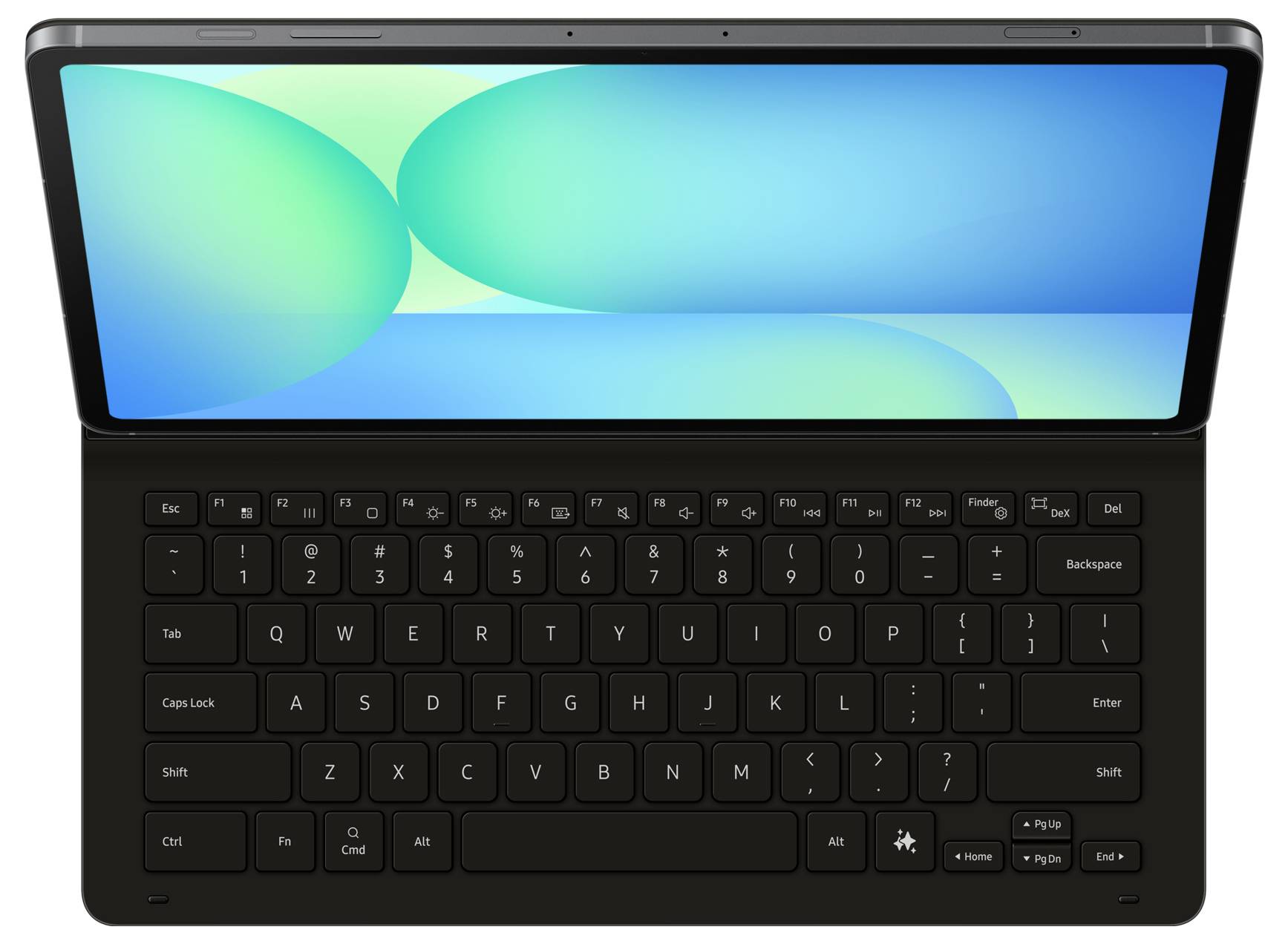 Een tablet met een afneembaar toetsenbord, voorzien van een helder scherm met cirkelvormige patronen. Het toetsenbord heeft een standaard QWERTY-indeling.