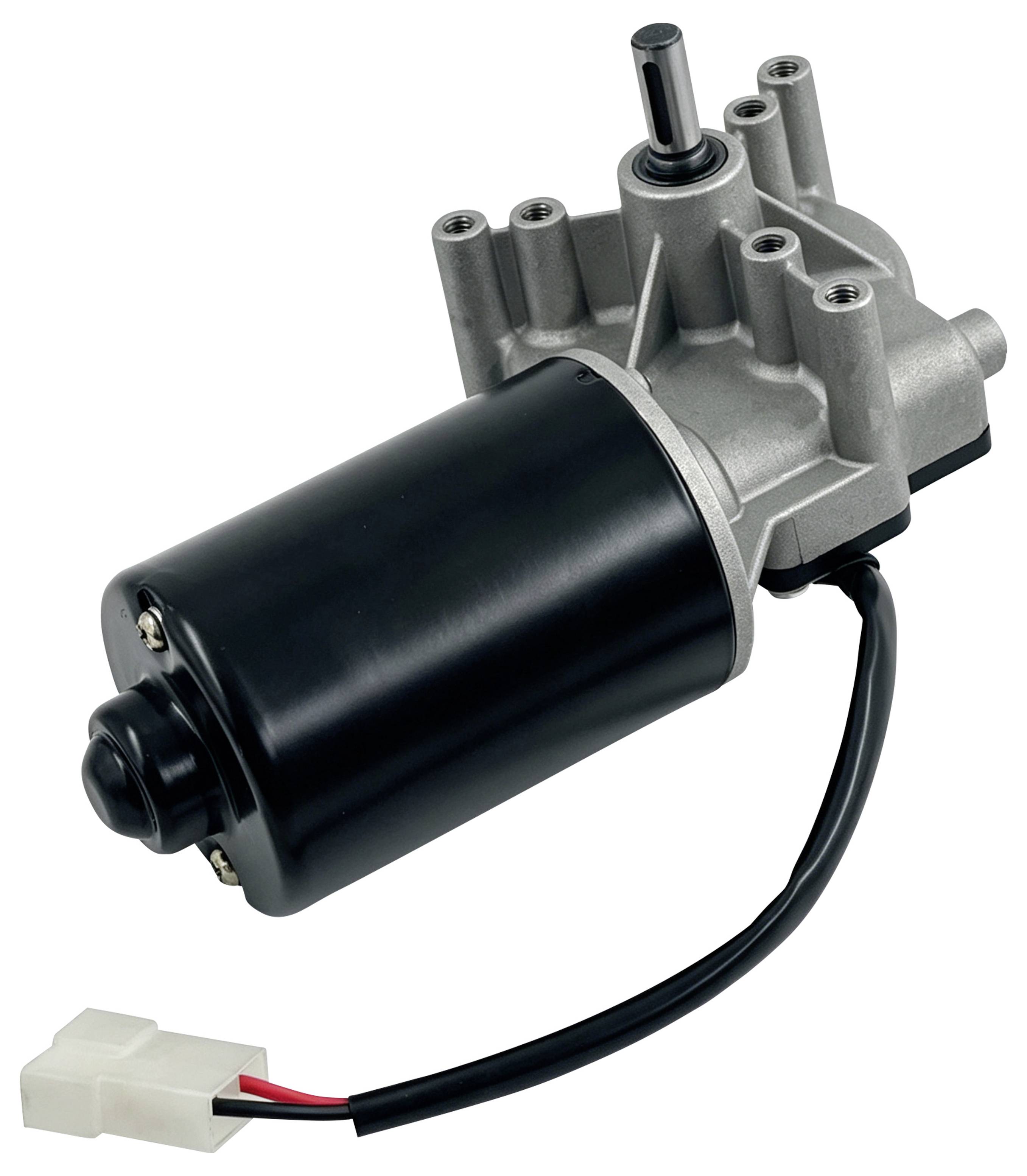 Kleine elektrische motor met aangesloten tandwielkast en bedrading, weergegeven op een witte achtergrond.