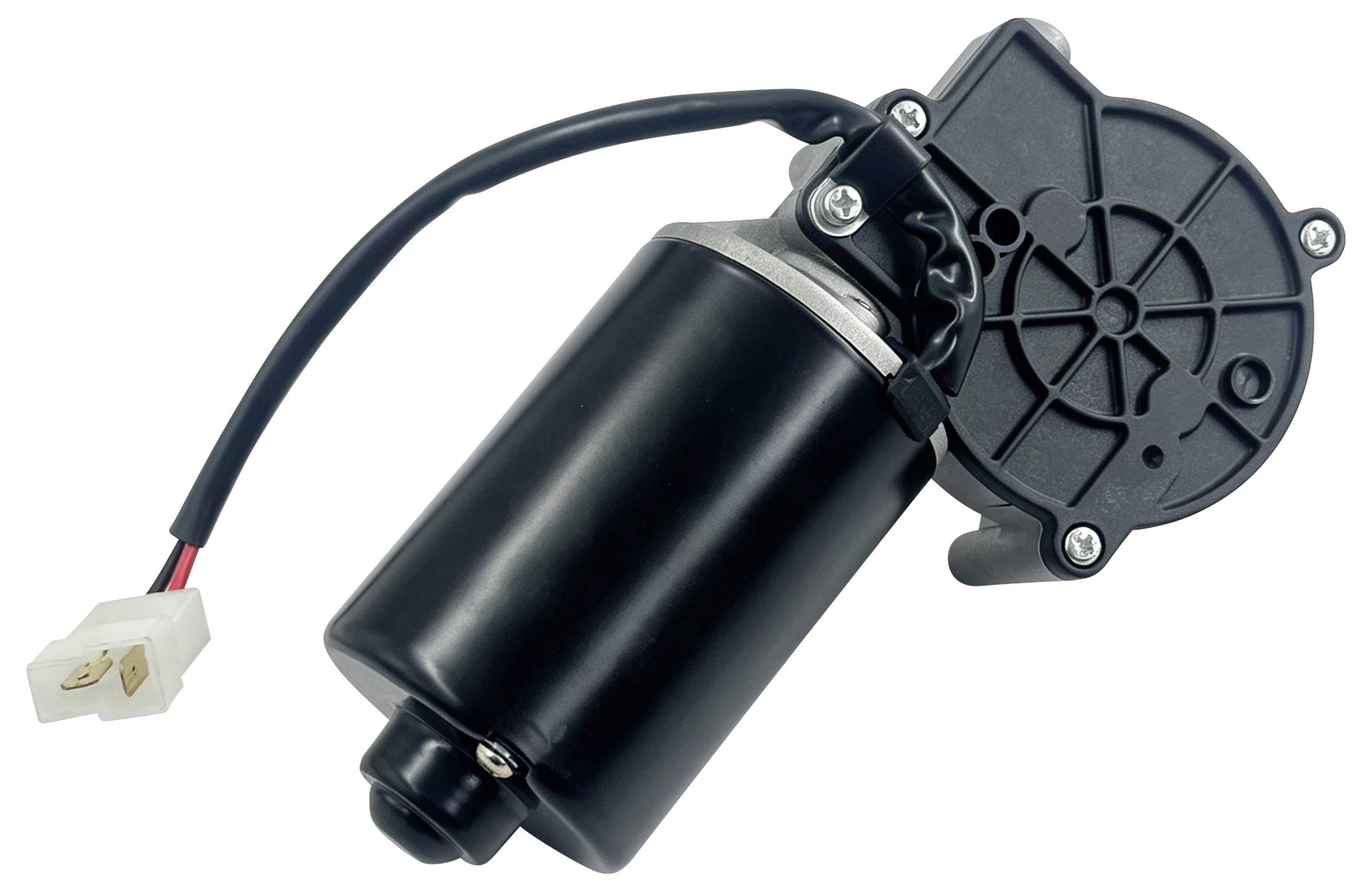 Zwarte elektrische motor met bevestigingsbehuizing en stroomkabel eindigend in een witte connector op een witte achtergrond.