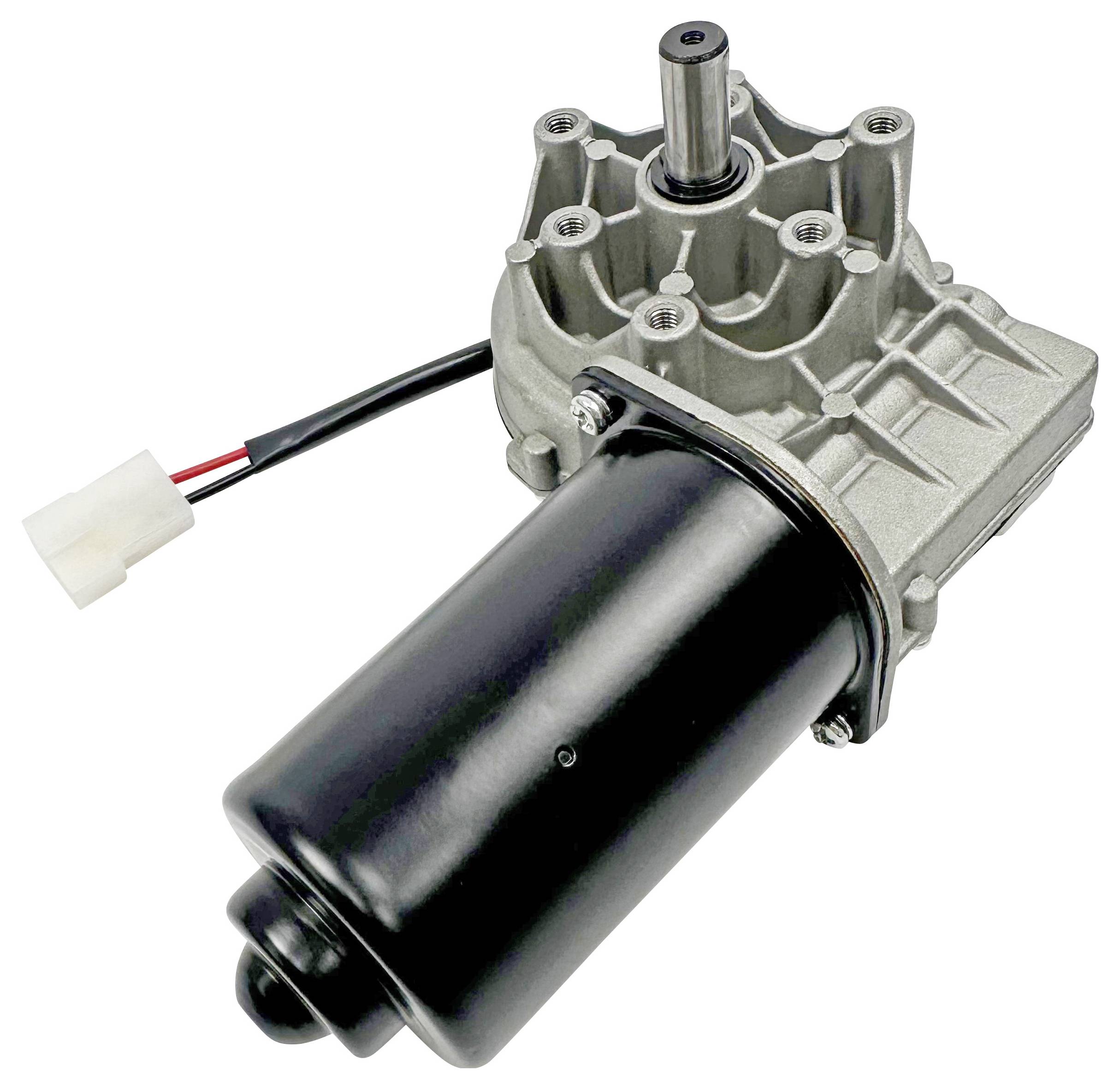Elektrische motor met aangesloten tandwielkast en witte stekkerplug op een witte achtergrond.