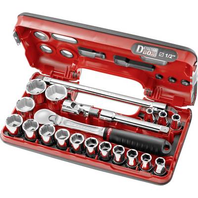 Rode dopsleutelset met meerdere doppen en ratel, geopend, toont divers gereedschap voor mechanisch gebruik.