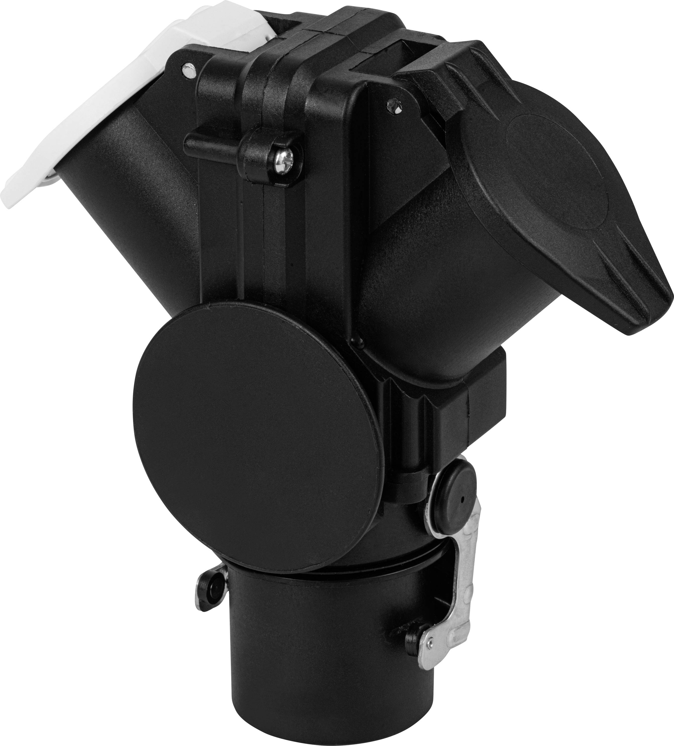 Zwarte Y-vormige buisverbinder met afsluitingen, geschikt voor gebruik in ventilatie- of afvoersystemen.