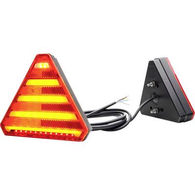 Een driehoekig, geel-rood LED-achterlicht met een kabel. Het heeft meerdere verlichtingsstroken en is ontworpen voor montage op voertuigen.