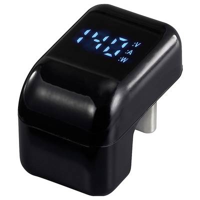 Een zwarte stroommeterset met blauwe digitale uitlezingen voor spanning, stroomsterkte en vermogen in een compacte behuizing.
