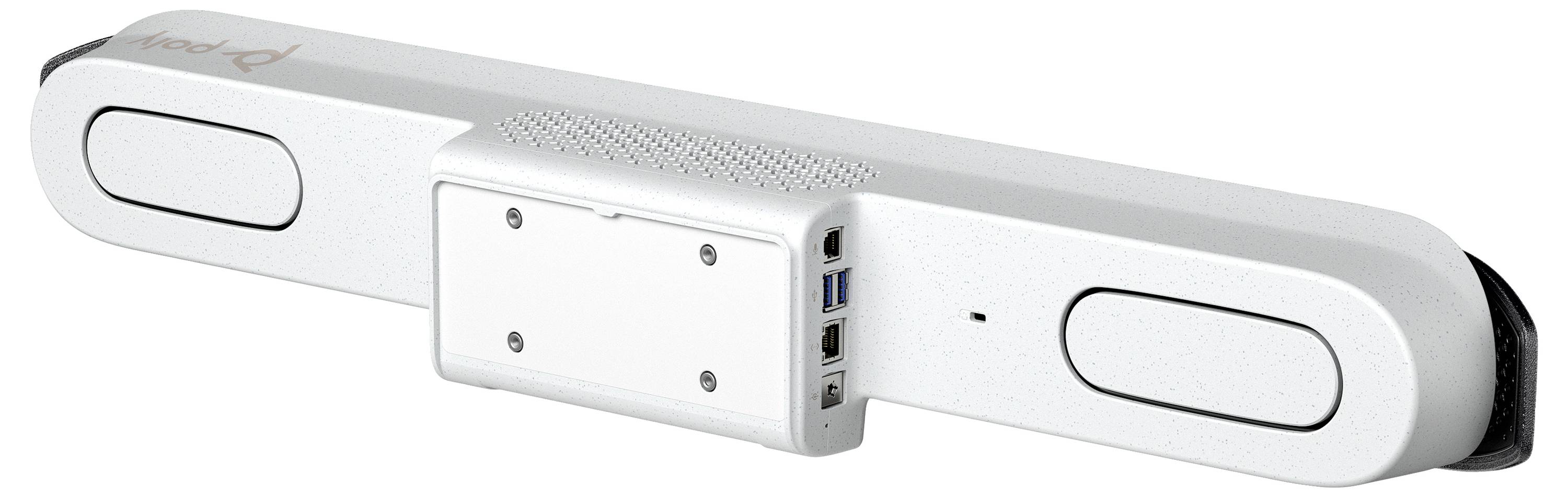 Witte soundbar met rechthoekig ontwerp en afgeronde hoeken, voorzien van meerdere poorten aan de achterzijde.