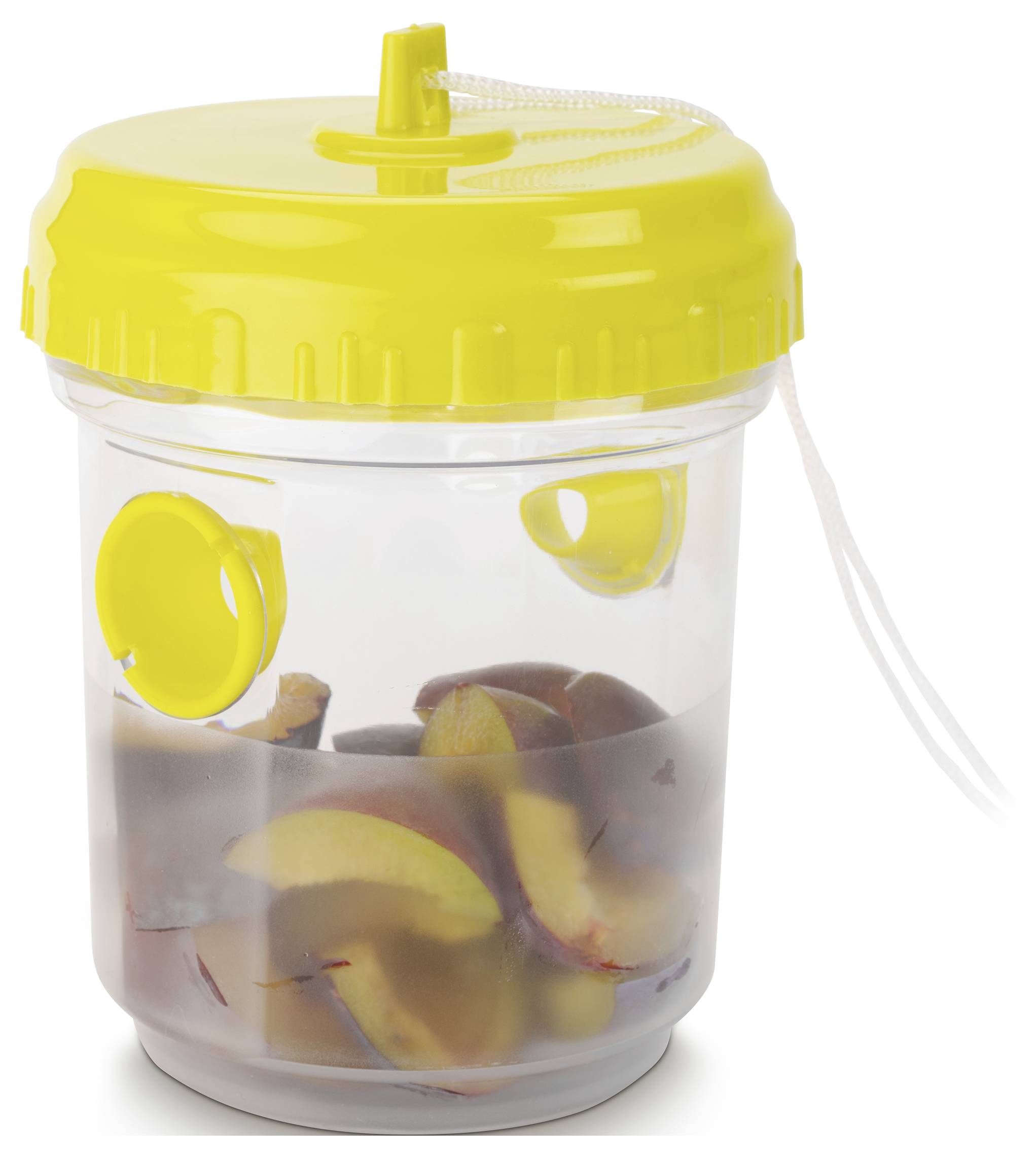Een transparante plastic container met een gele deksel, gevuld met gesneden appels. Een touw is aan de deksel bevestigd.
