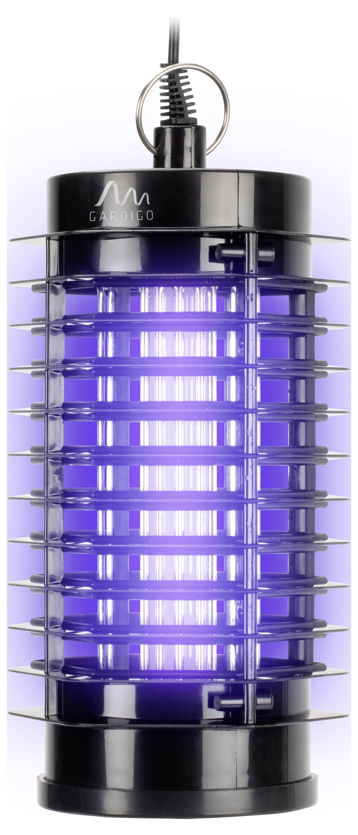 Elektrische insectenverdelger met zwarte behuizing en blauwe lichtbron voor het aantrekken en bestrijden van insecten binnenshuis.
