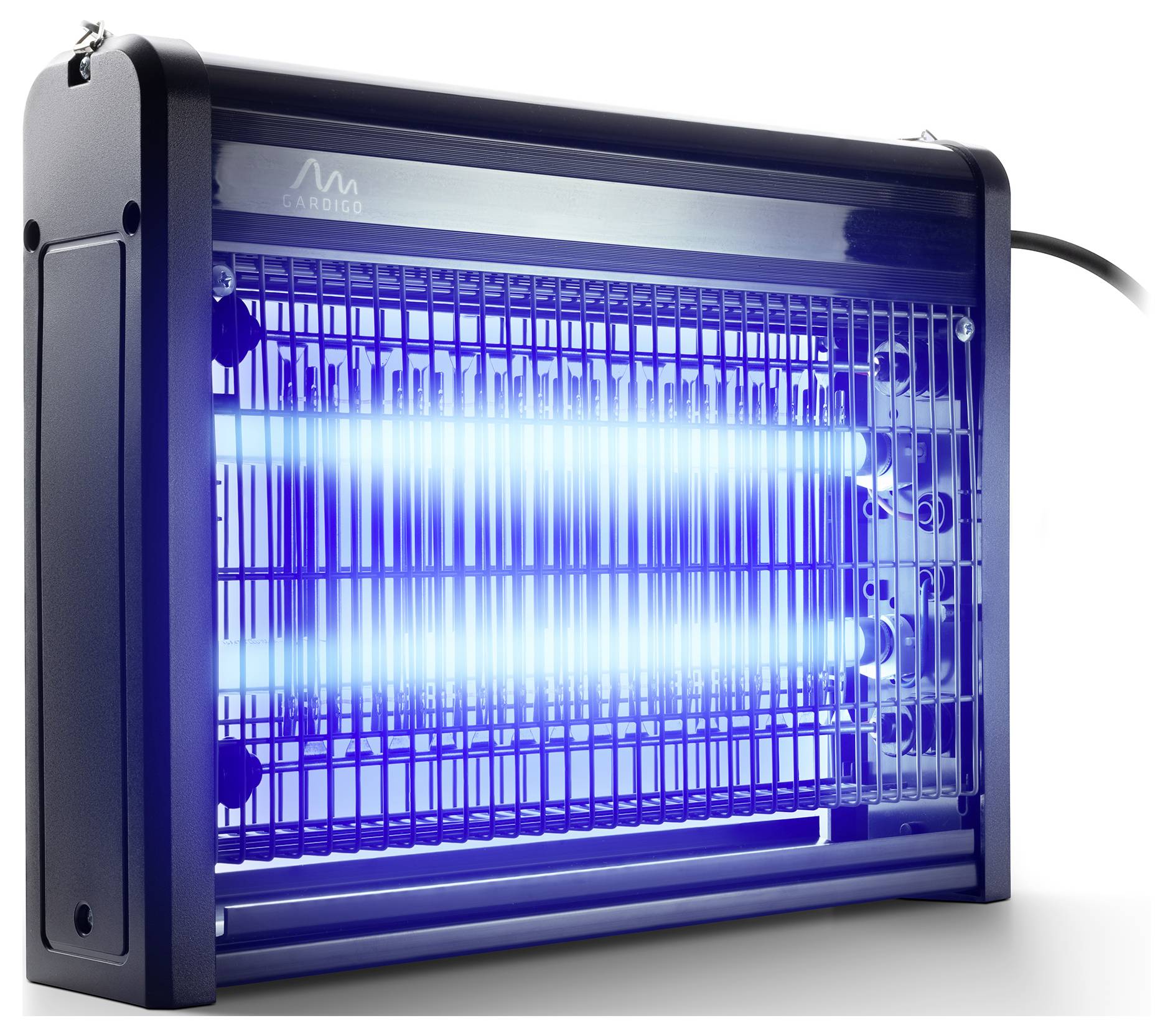 Een elektrische insectenverdelger met blauwe UV-lichtbuizen in een rechthoekige behuizing.