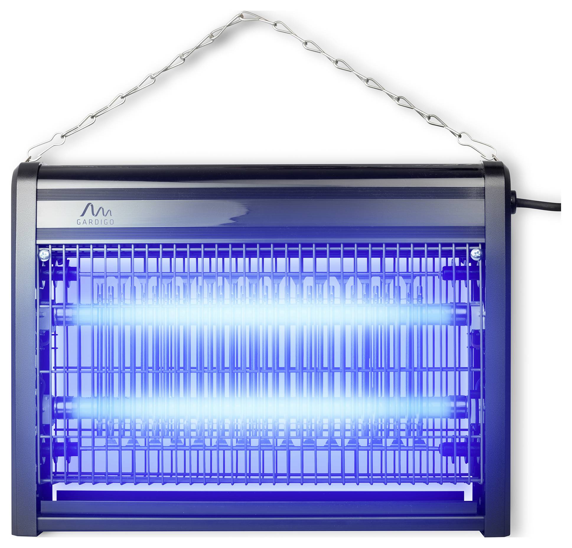 Elektrische insectenverdelger met blauw licht, opgehangen aan een ketting.