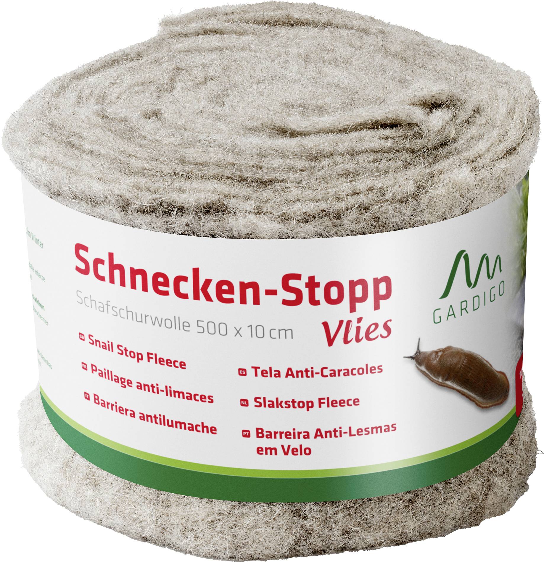 Rol van schapenwol met opschrift 'Slakken-Stop Vlies'. Beschermingsmateriaal tegen slakken, meertalige productbeschrijving.